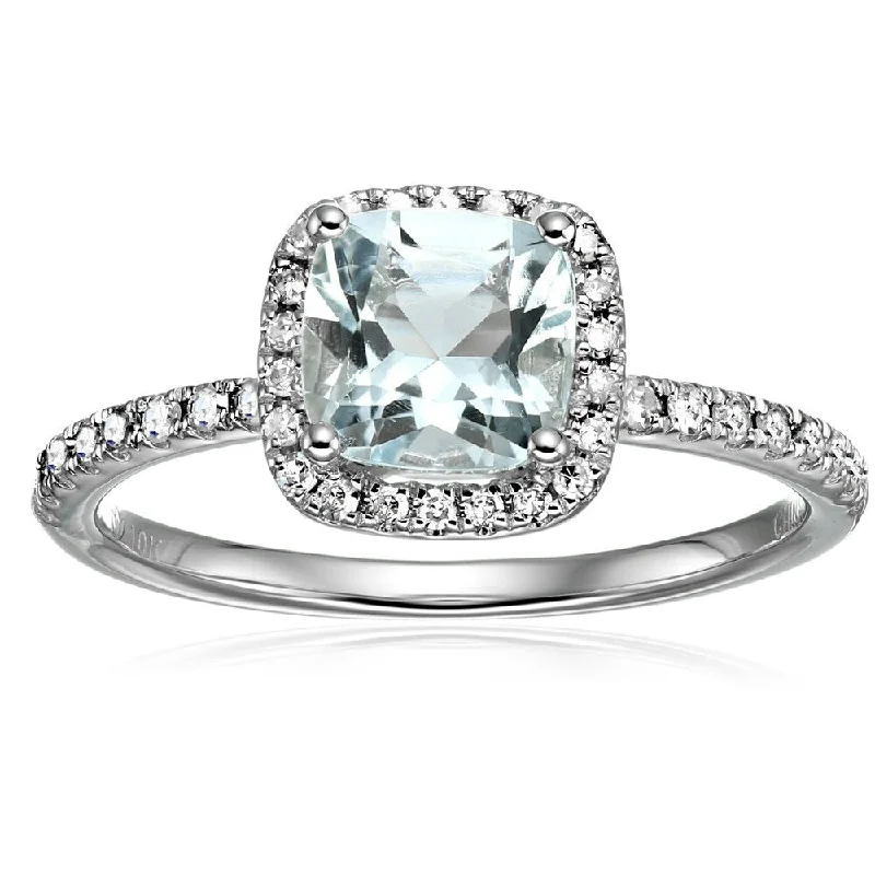 Ladies wedding engagement rings-Pincore 10k White Gold Aquamarine and Diamond Cushion Halo Engagement Ring