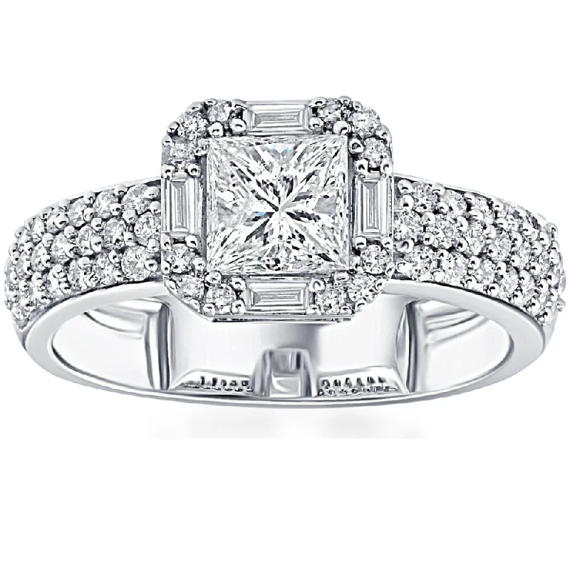 Ladies oval engagement rings-1 5/8CT Princess Cut Baguette Halo Diamond Engagement Ring 14k White Gold