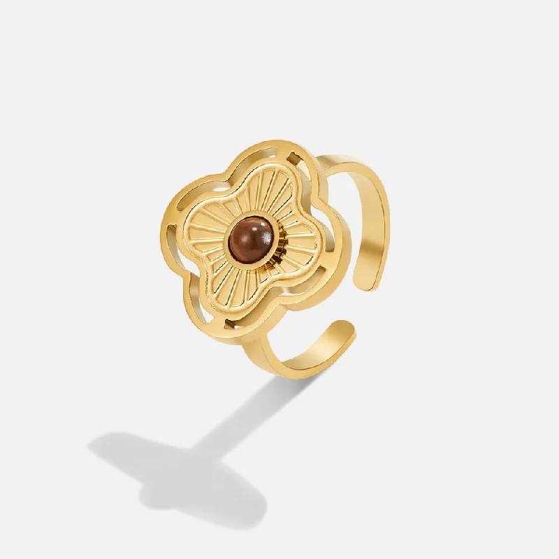 Ladies three-stone ring-Tiger Eye Lucky Flower Ring