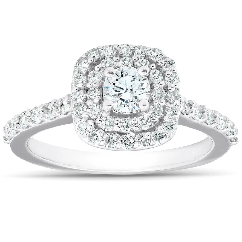 Ladies stackable engagement rings-3/4Ct Diamond Cushion Double Halo Engagement Ring 14k White Gold