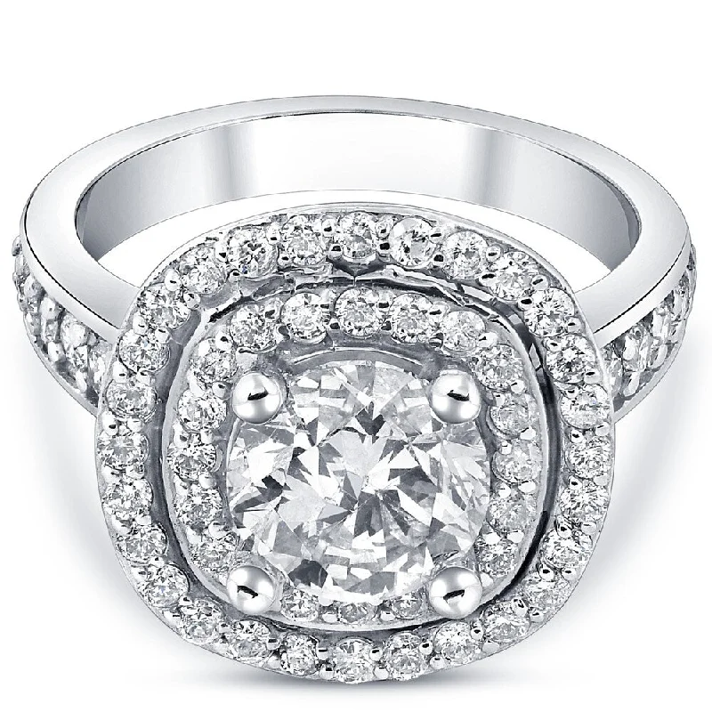 Ladies white diamond engagement rings-Pompeii3 10k White Gold 2 1/2 ct TDW Diamond Clarity Enhanced Double Cushion Halo Engagement Ring