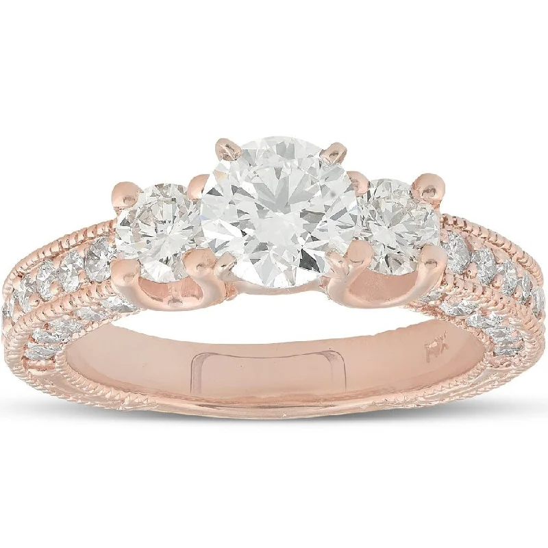 Ladies engagement rings with vintage diamonds-Pompeii3 14k Rose Gold 2ct TDW Vintage Diamond Clarity Enhanced Engagement Three Stone Anniversary Ring - White