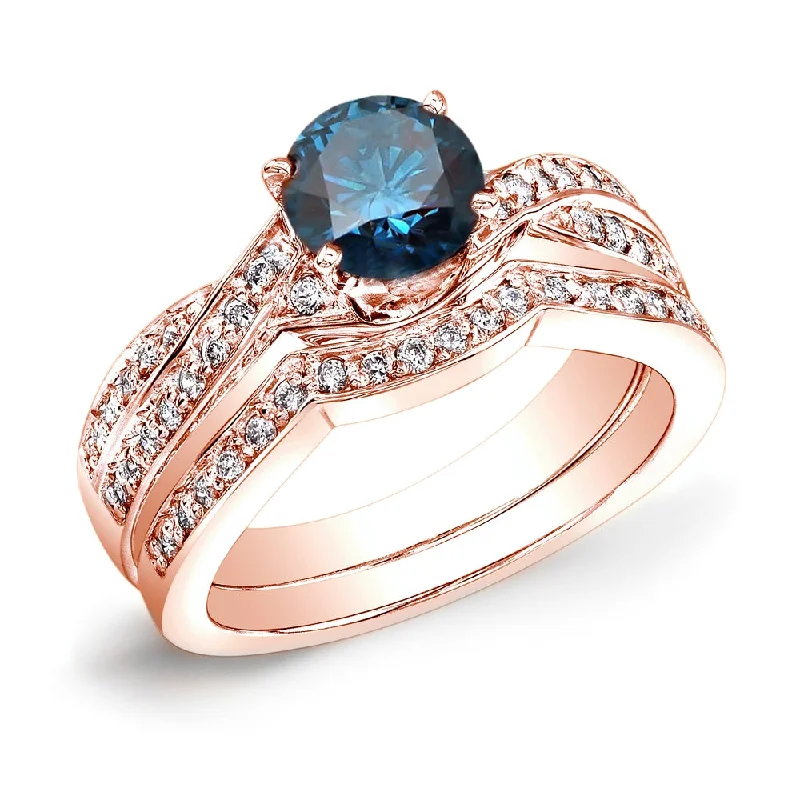 Ladies modern engagement rings-Auriya 14k Rose Gold 3/4ctw Twisted Round Blue Diamond Engagement Ring Set