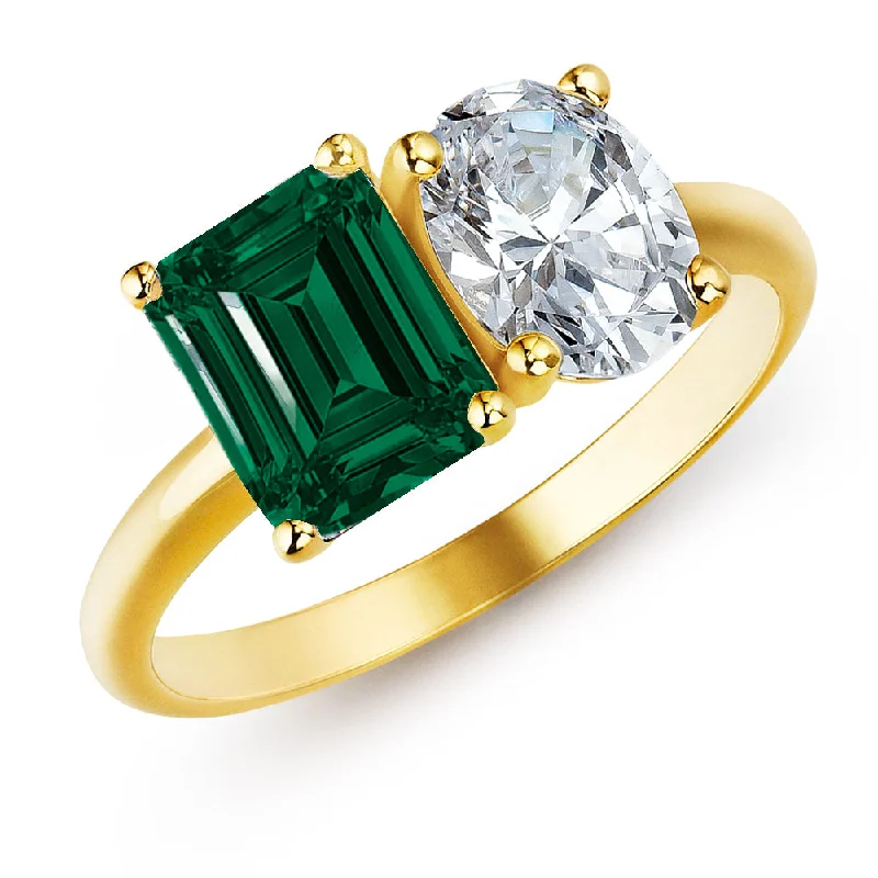 Ladies wedding ring-Toi et Moi Tru-Emerald and Oval Cut Ring