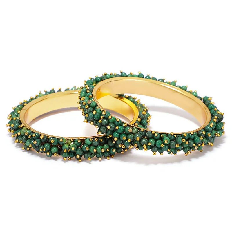 Ladies classy bracelet-Mominos Fashion Joharkamal Gold-Plated Green Beads Work Bangles