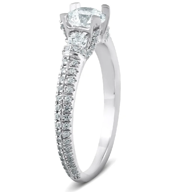 Ladies diamond band engagement rings-1 Ct Diamond Three Stone Engagement Pave Ring 14k White Gold