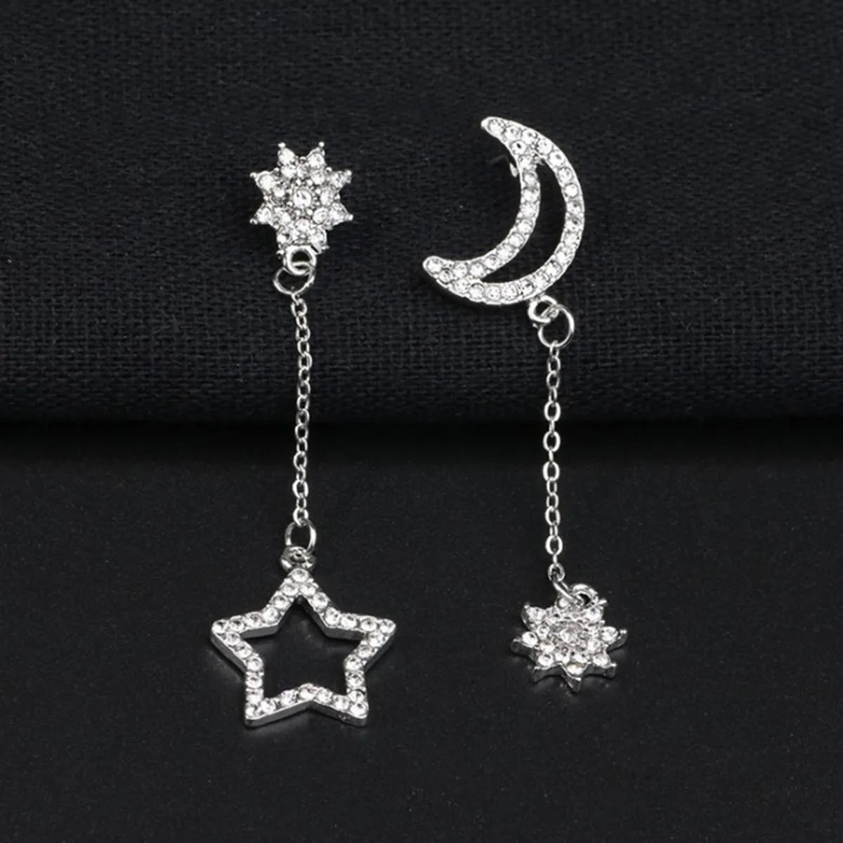 Ladies diamond halo engagement ring-Fashion Ornament Inlay Rhinestone  Asymmetric Star And Moon Stud Earring