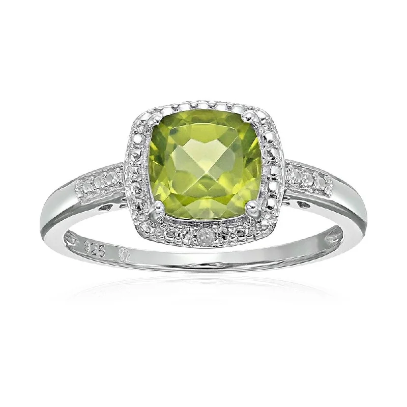 Ladies wedding engagement rings-Sterling Silver Cushion Peridot & Diamond Engagement Ring, Size 7