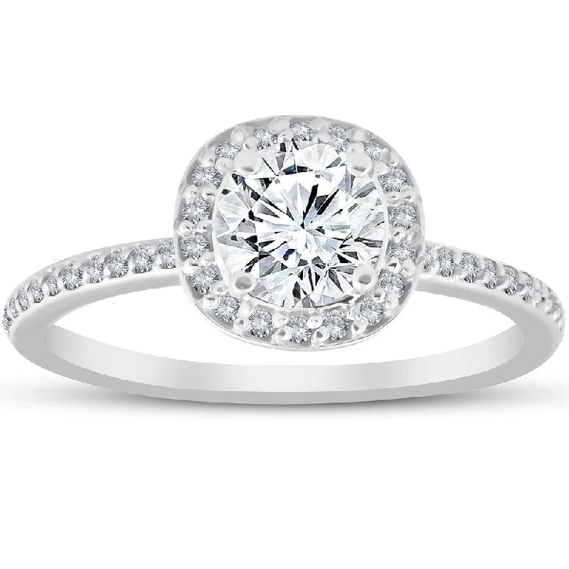 Ladies yellow diamond engagement rings-1 Ct Diamond Cushion Halo Engagement Ring Lab Grown