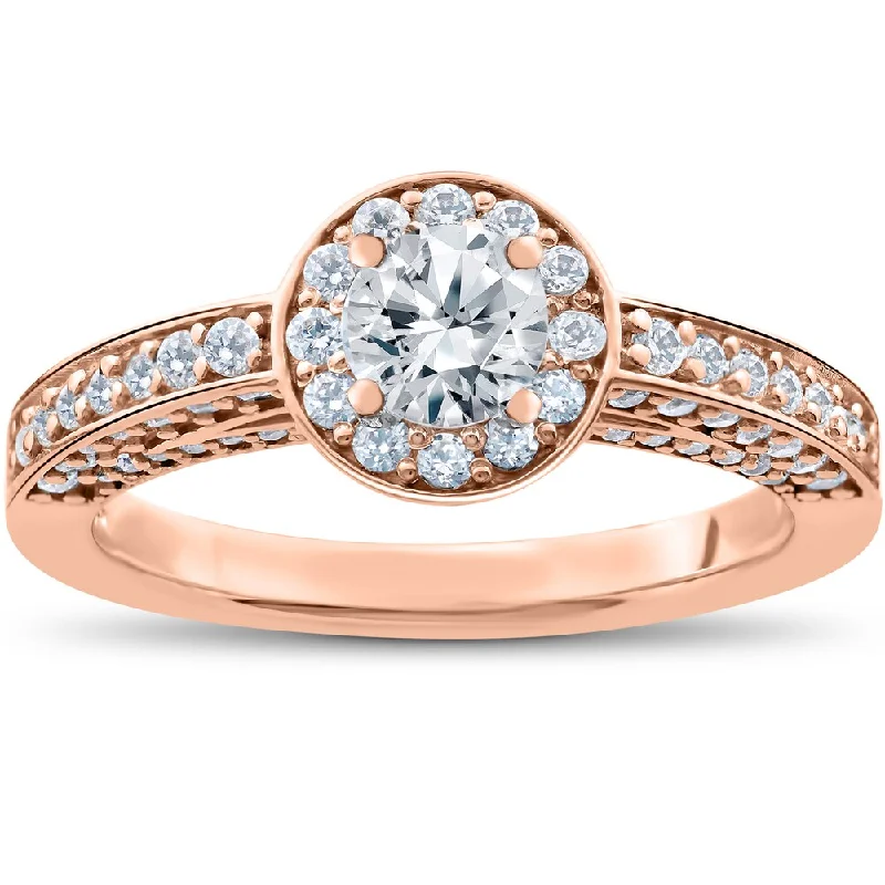 Ladies diamond engagement rings-14k Rose Gold 1 ct TDW Diamond Halo Engagement Ring - White I-J - White I-J