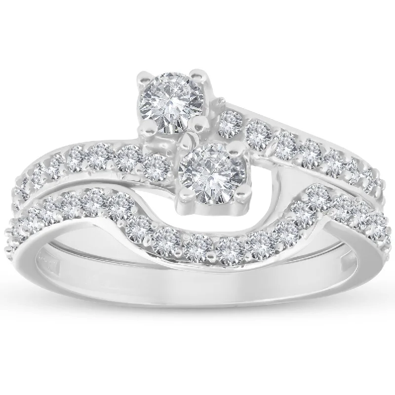 Ladies vintage style engagement rings-1 1/2 Ct Two Stone Diamond Engagement Wedding Ring Set 10k White Gold