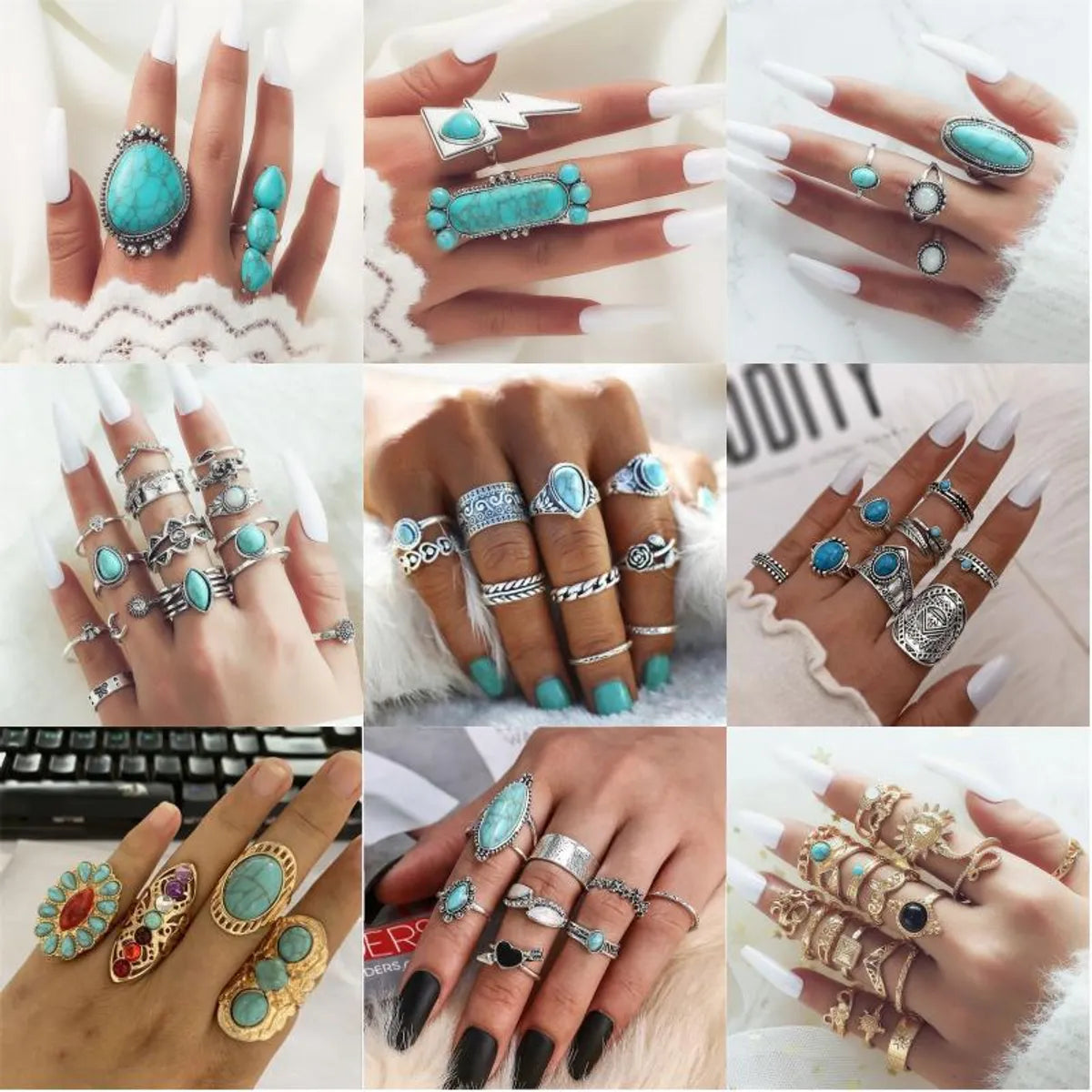 Ladies designer ring-Vintage Style Ethnic Style Geometric Metal Plating Inlay Turquoise Women's Rings