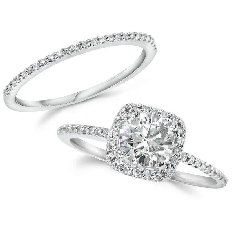 Ladies antique style engagement rings-1ct Diamond Engagement Ring Cushion Halo Wedding Ring Set 14K White Gold