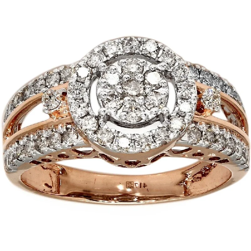 Ladies engagement rings with rubies and diamonds-Pompeii3 10k Rose Gold 3/4 Ct. TDW Diamond Engagement Ring Vintage Halo Split Shank