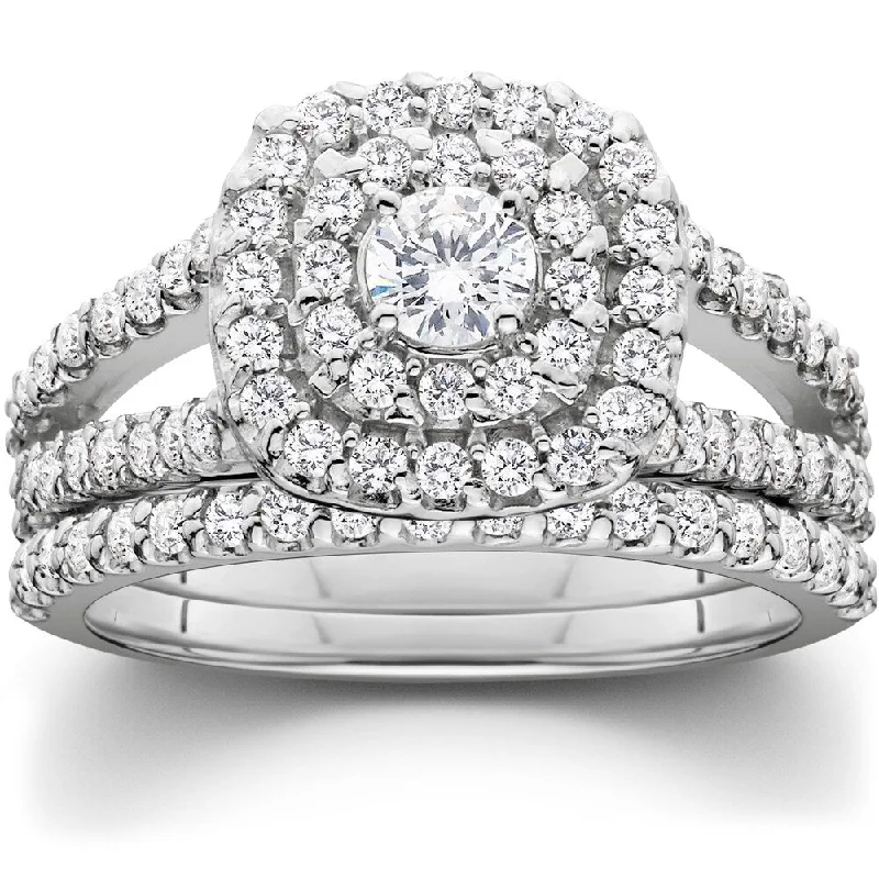 Ladies traditional engagement rings-EX3 10k White Gold 1 1/10 Ct Cushion Halo Diamond Engagement Wedding Ring Set Lab Grown (G/VS)