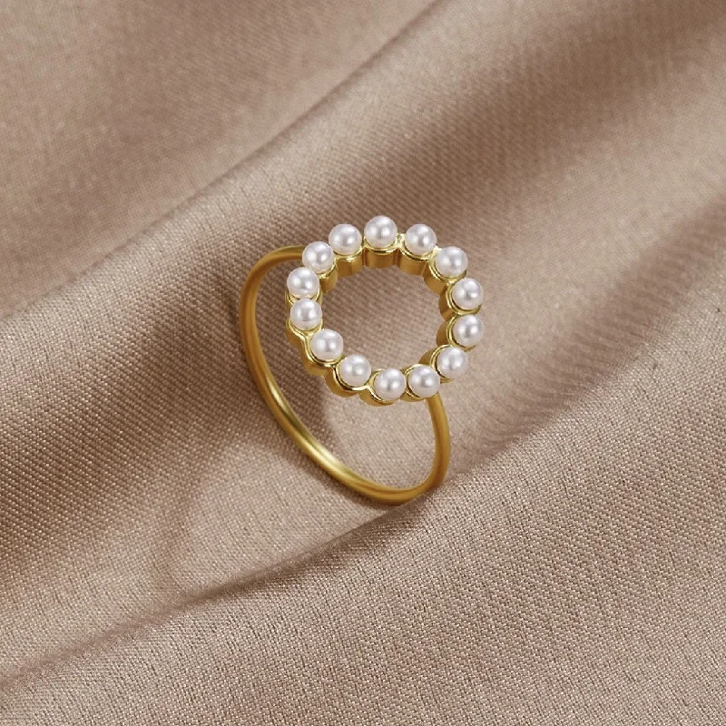 Ladies diamond band ring-Sabrina Classic Round Pearl Ring