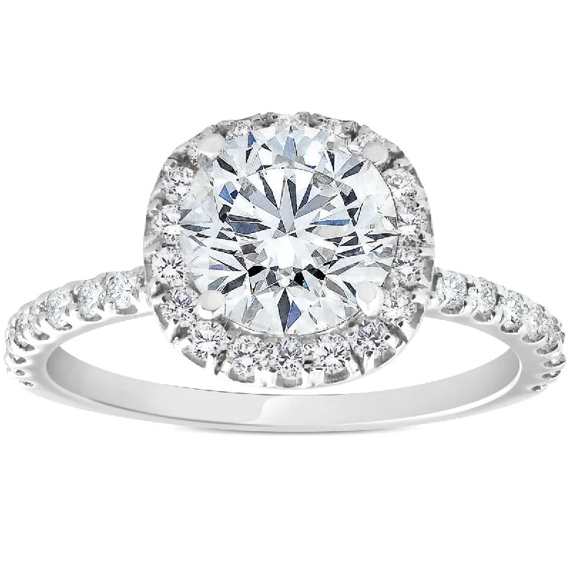 Ladies simple engagement rings-1 3/8ct Diamond Cushion Halo Engagement Ring 14k White Gold