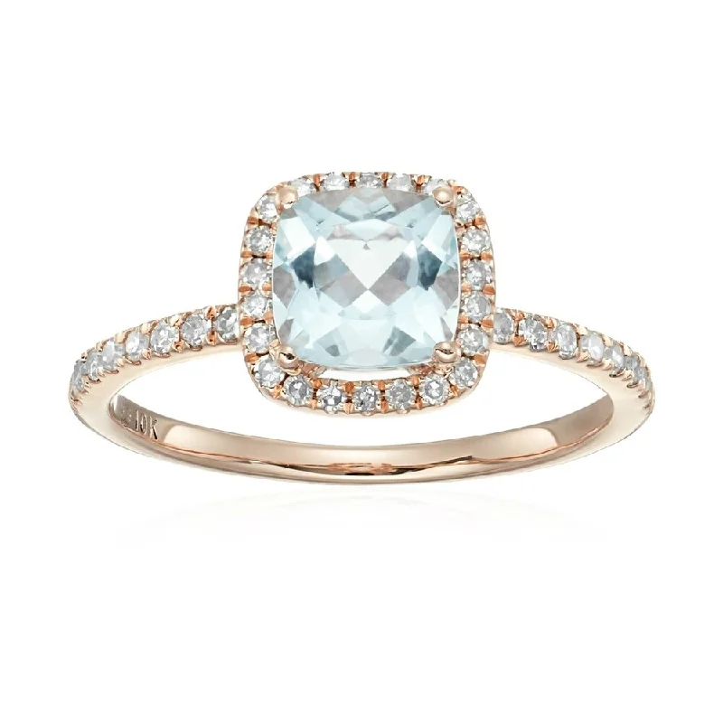 Ladies vintage engagement rings-10k Rose Gold Aquamarine and Diamond Cushion Halo Engagement Ring, Size 7