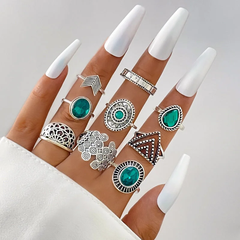 Ladies large statement ring-Retro Fan Shaped Water Drop Rhinestone Gems Geometry Triangle 9 Piece Ring Set Nhgy140097