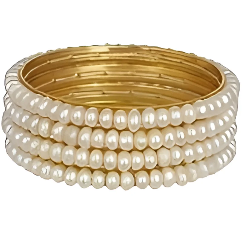 Ladies adjustable gold bracelet-Gold-Plated Alloy Set Of 4 Pearl Bangles - The Pari