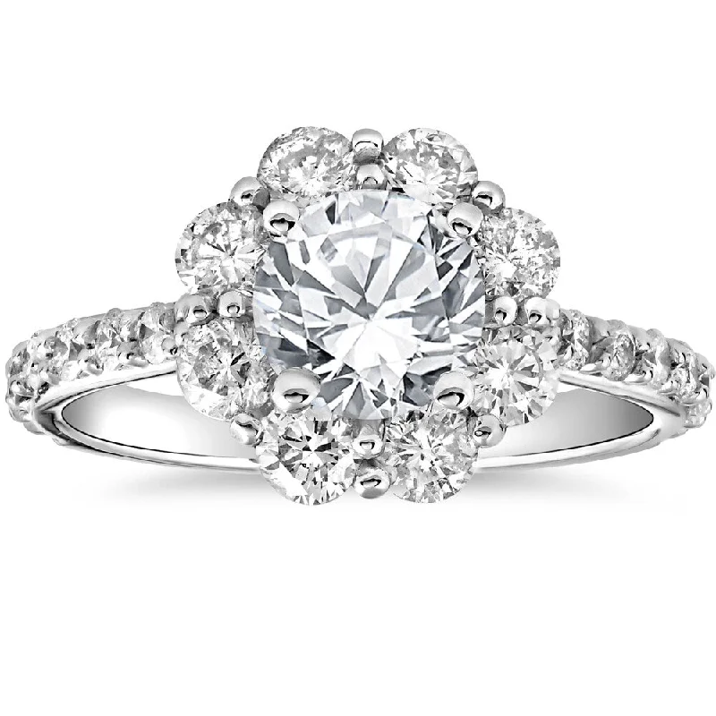 Ladies halo engagement rings-14k White Gold 2 1/2 cttw Halo Round Cut Diamond Enhanced Engagement Ring