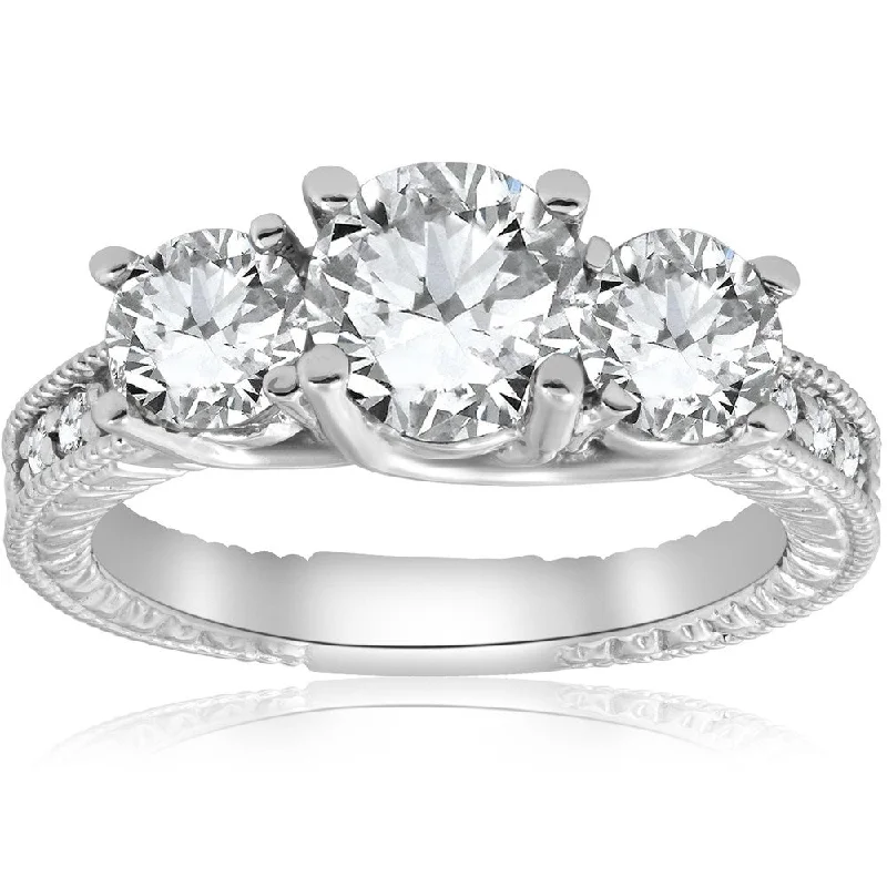 Ladies unique engagement rings with stones-Pompeii3 14K White Gold 2 1/2 ct TDW Diamond Clarity Enhanced Three Stone Vintage Engagement Ring (G-H/SI2-I1) - White G-H