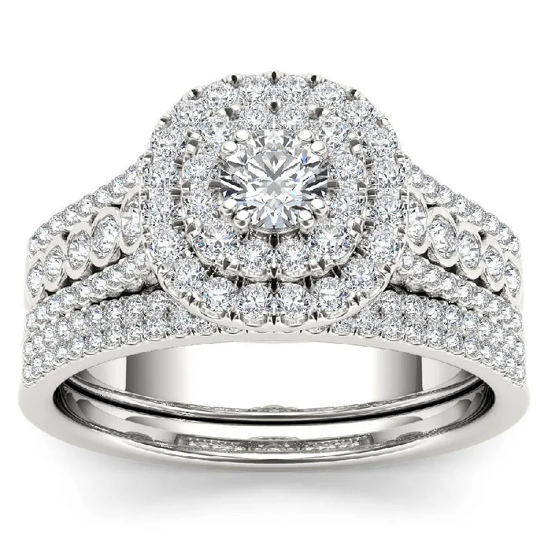 Ladies vintage engagement rings-De Couer IGI Certified 10k White Gold 1ct TDW Diamond Double Halo Engagement Ring Set with One Band