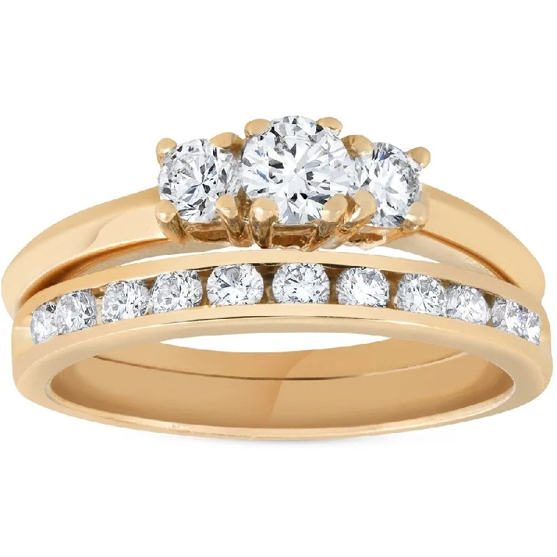 Ladies diamond eternity engagement rings-Pompeii3 14k Yellow gold 1 ct TDW Three Stone Diamond Engagement Channel Wedding Ring Set - White