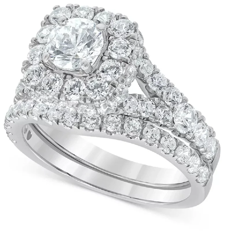 Ladies round diamond engagement rings-3 1/2Ct Cushion Halo Split Ring Diamond Engagement Set in White Yellow Rose Gold