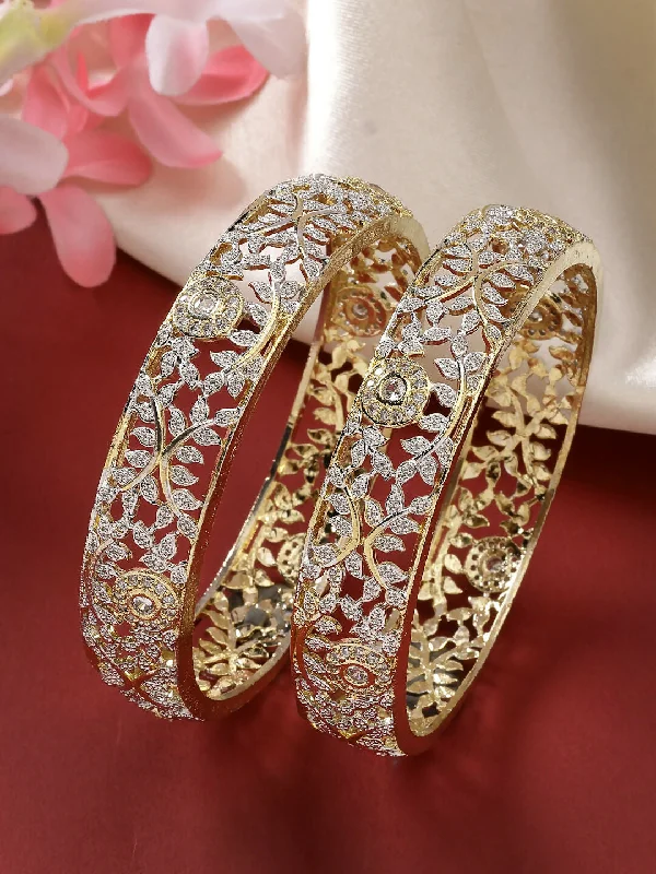 Ladies fashion bangle-NVR Women's Set of 2 Gold-Plated American Diamond Emblished Handcrafted Bangles