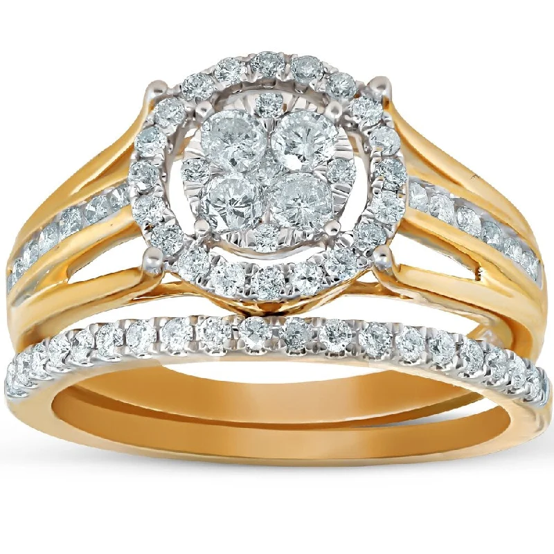 Ladies contemporary engagement rings-Pompeii3 10k Yellow Gold 1 Ct TDW Halo Diamond Engagement Wedding Ring Set