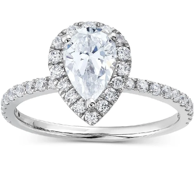 Ladies cushion cut halo engagement rings-VS 1 1/3Ct TW Pear Shape Halo Diamond Engagement Ring 14k White Gold Lab Grown