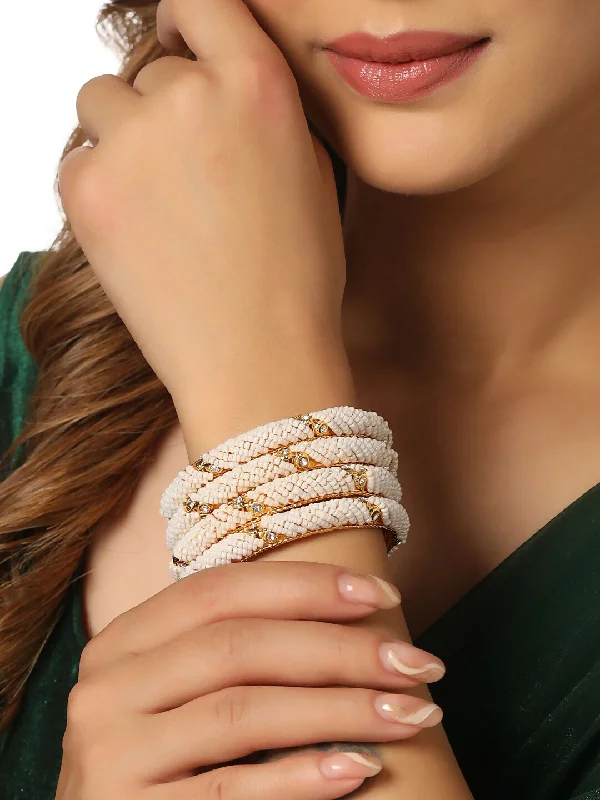 Ladies minimalist bracelet-NVR Women Set of 2 Gold-Plated Traditional Pearls Beaded Bangles