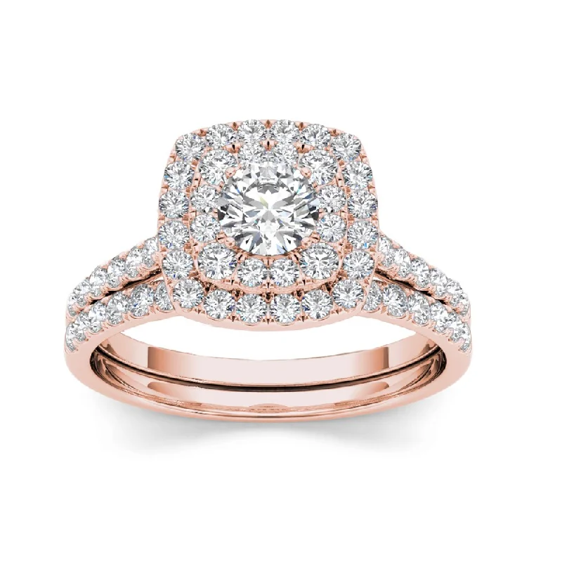 Ladies diamond band engagement rings-De Couer IGI Certified 10k Rose Gold 1 1/4 ct TDW Diamond Halo Engagement Ring Set - Pink