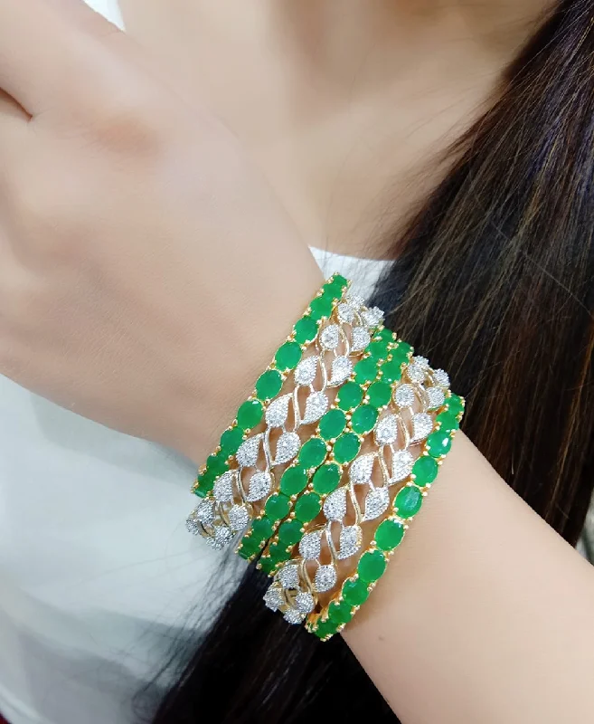 Ladies chain bangle-Gold-Plated Alloy American Diamond Combo Of Green & Silver Bangles - The Pari