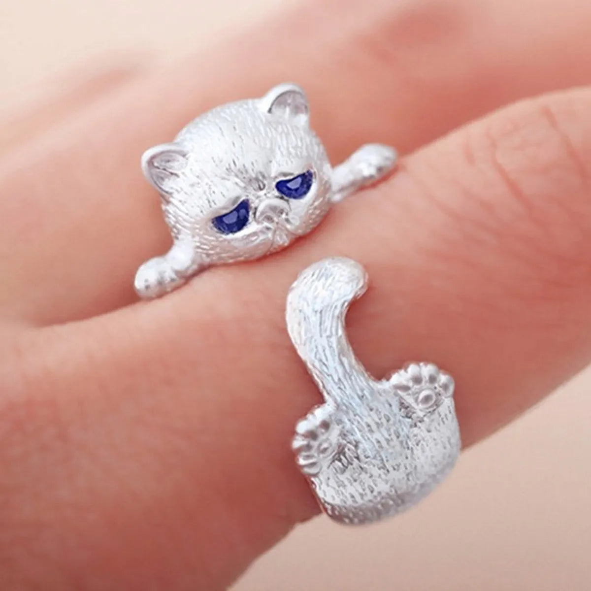 Ladies sapphire diamond ring-Cute Cat Silver Plated Rhinestones Alloy Wholesale Open Rings