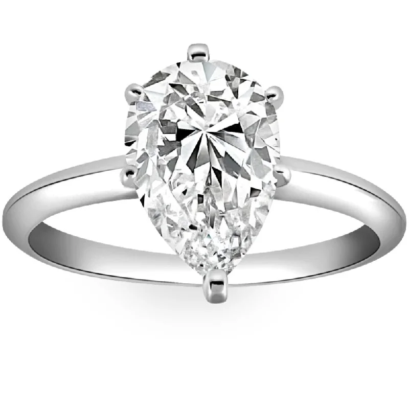 Ladies affordable diamond engagement rings-3CT Platinum Pear Shaped Diamond 6-Prong Solitaire Engagement Ring Lab Grown