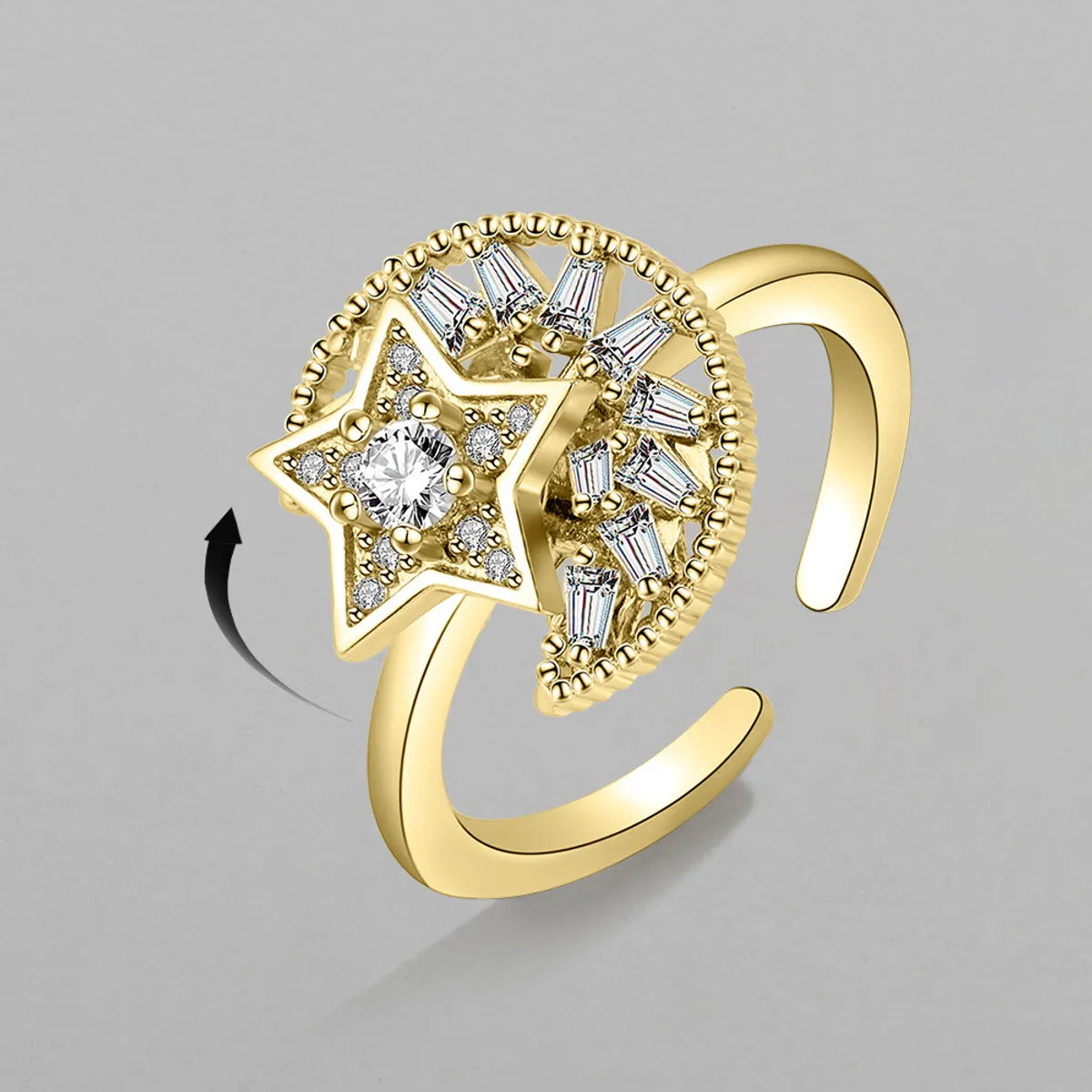 Ladies diamond ring-Fashion Golden Star Moon Zircon Rotating Copper Open Ring