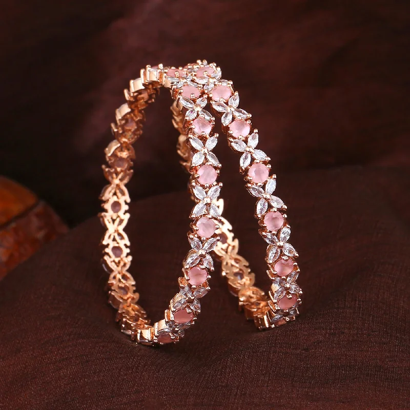 Ladies sapphire bracelet-Estele Rose Gold Plated CZ Flower Designer 2:8 Size Bangles with Mint Pink Stones for Women