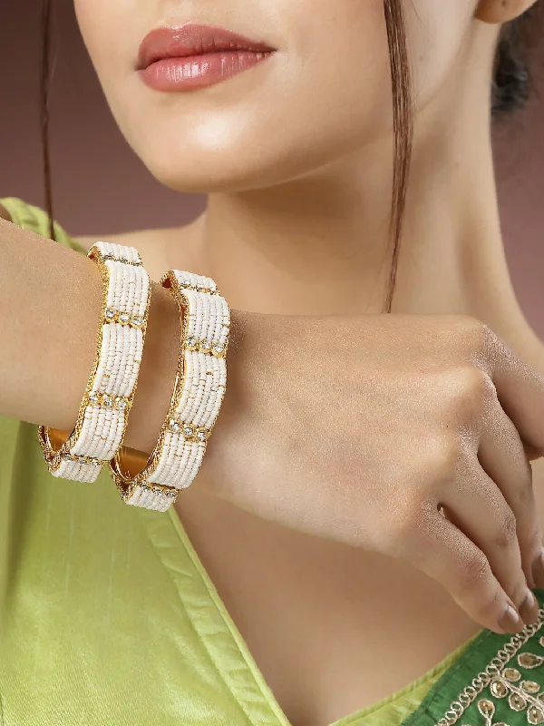 Ladies gold bangle-NVR Women's Set of 2 Gold-Plated Pearl Handcrafted Traditional Bangles