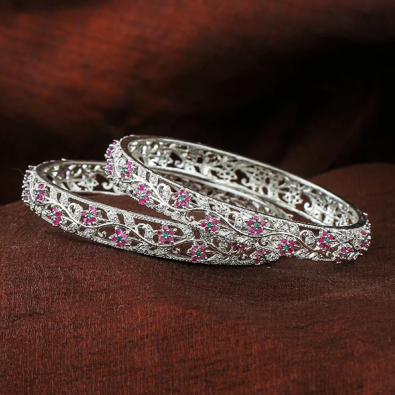 Ladies gold-plated bangle-Estele Rhodium Plated CZ Fascinating Floral Designer Bangles with Ruby & Green Crystals for Women