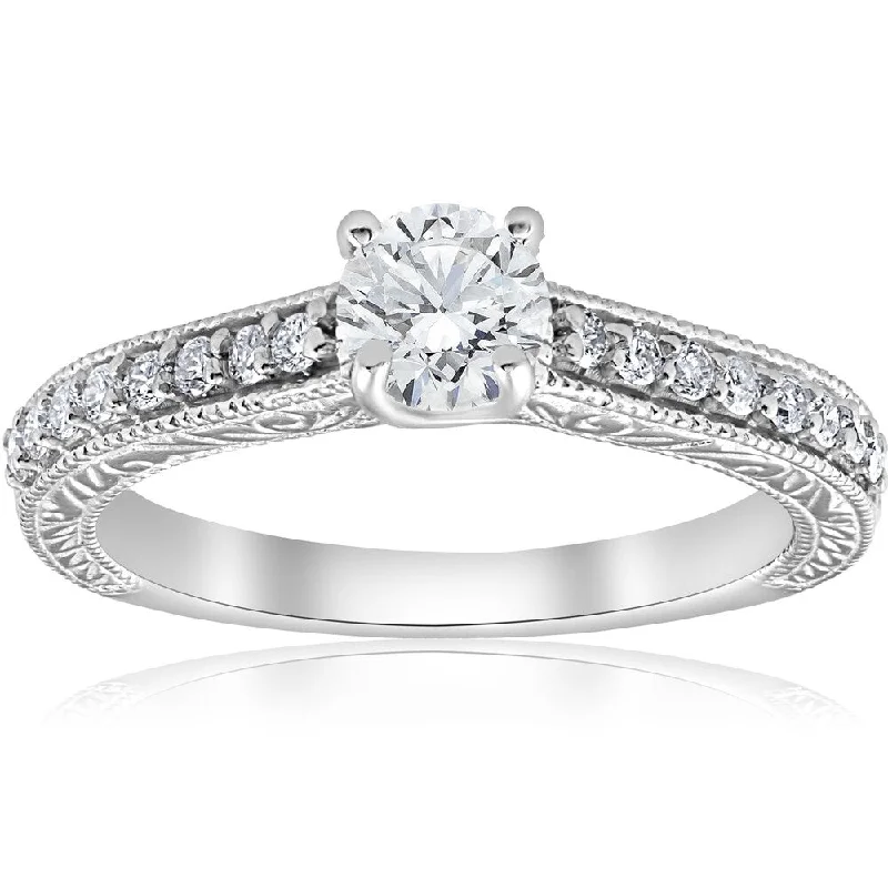 Ladies custom engagement rings-Pompeii3 14k White Gold 3/4ct TDW Diamond Vintage Antique Engagement Round Cut Ring