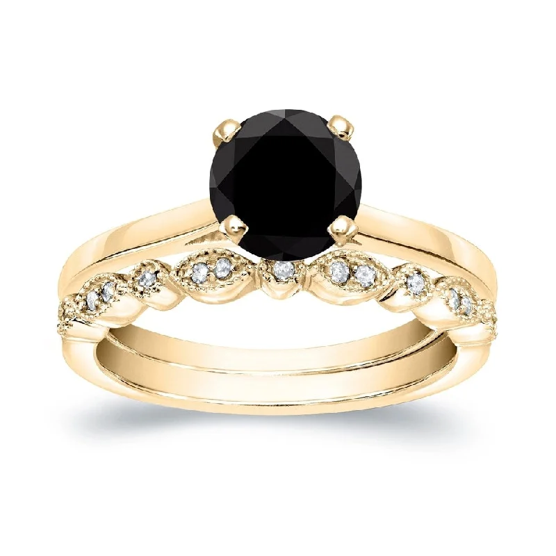 Ladies yellow diamond engagement rings-Auriya Vintage Stackable 7/8ctw Solitaire Black Diamond Engagement Ring Set 14K Gold