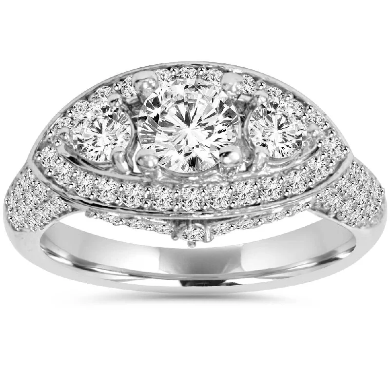 Ladies affordable diamond engagement rings-1 3/4Ct 3 Stone Diamond Vintage Unique Pave Engagement Ring 14K White Gold