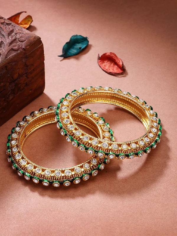 Ladies bridal bracelet-NVR Women's Set of 2 Gold-Plated Kundan Studded Bangles