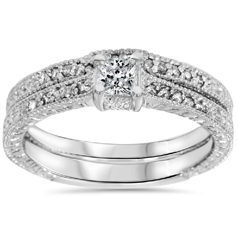 Ladies bridal engagement rings-14k White Gold 7/10 ct TDW Diamond Vintage Princess Cut Engagement Wedding Ring Set