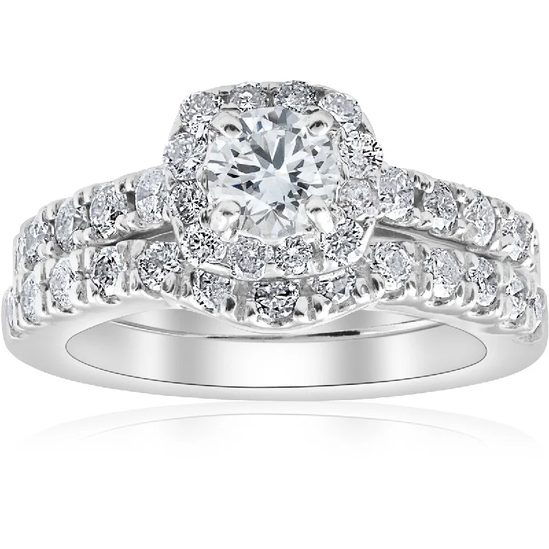 Ladies stackable engagement rings with diamonds-3/4Ct Cushion Halo Diamond Engagement Wedding Ring Set White Gold Lab Grown