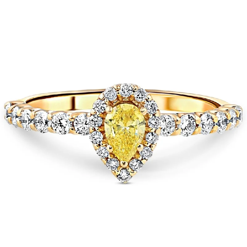 Ladies emerald cut engagement rings-3/4CT Fancy Yellow Pear Diamond Halo Engagement Ring Yellow Gold