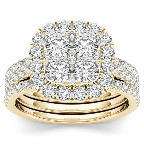 Ladies engagement rings with moissanite-De Couer IGI Certified 14k Yellow Gold 2ct TDW Diamond Halo Engagement Ring Set with Two Bands