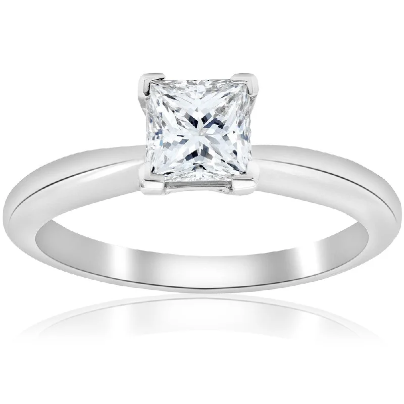 Ladies round halo engagement rings-Platinum 1 ct TDW Princess Cut Diamond GIA Certified Solitaire Engagement Ring (D-VS1) - White